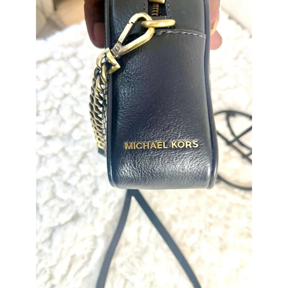 Michael Kors Woven Chevron Leather Camera Bag Navy Blue and Gold hardware